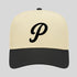 Beige and black cap with a black 'P' logo on a light gray background